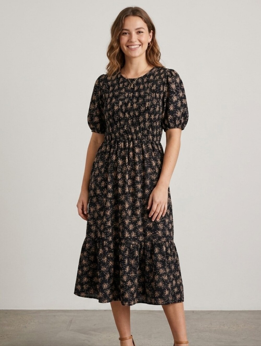 Orange Creek Floral Smocked Midi Tiered Dress Puff Short Sleeves, Women's Medium